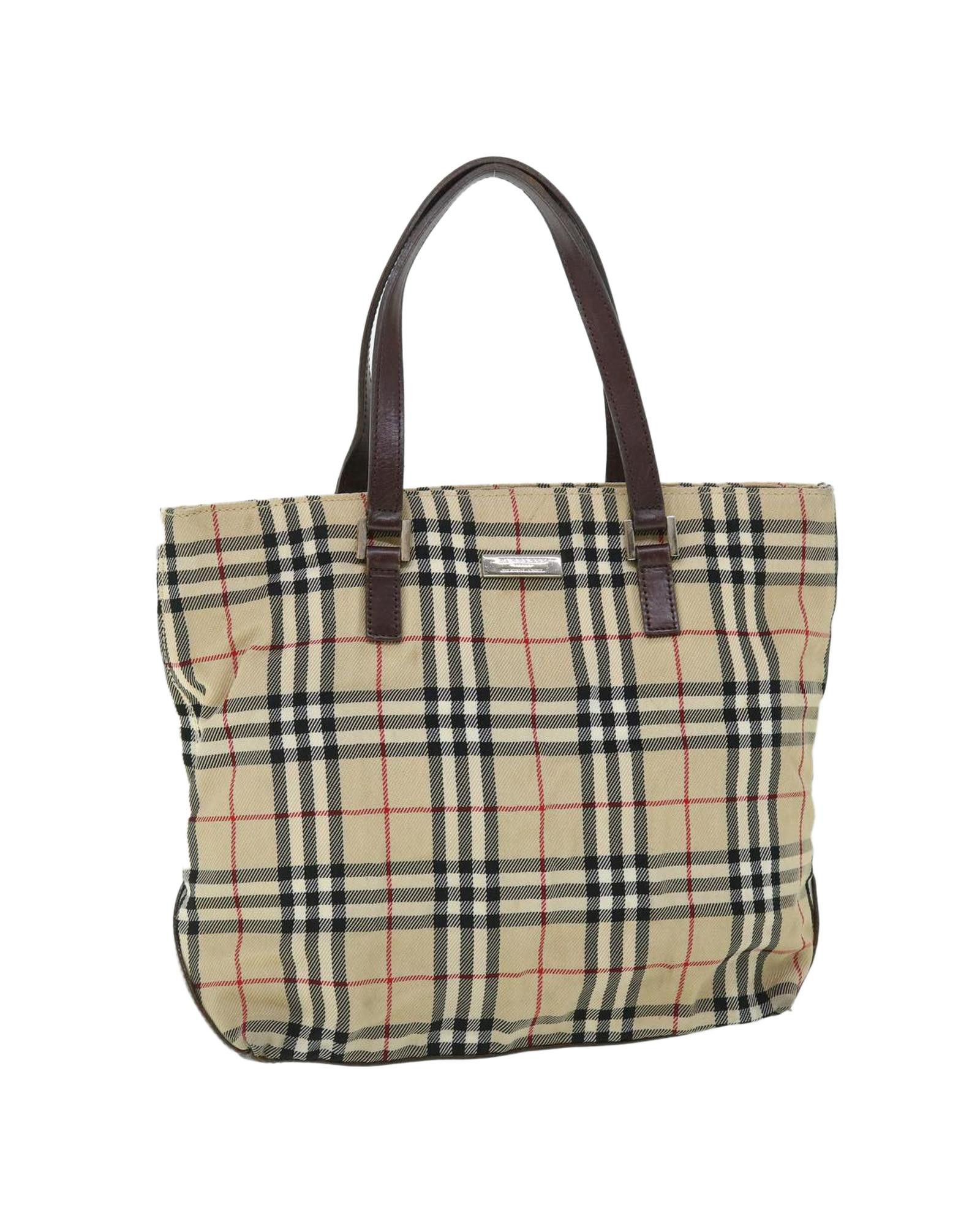 image of Burberry Checked Nylon Leather Hand Bag in Beige, Women's