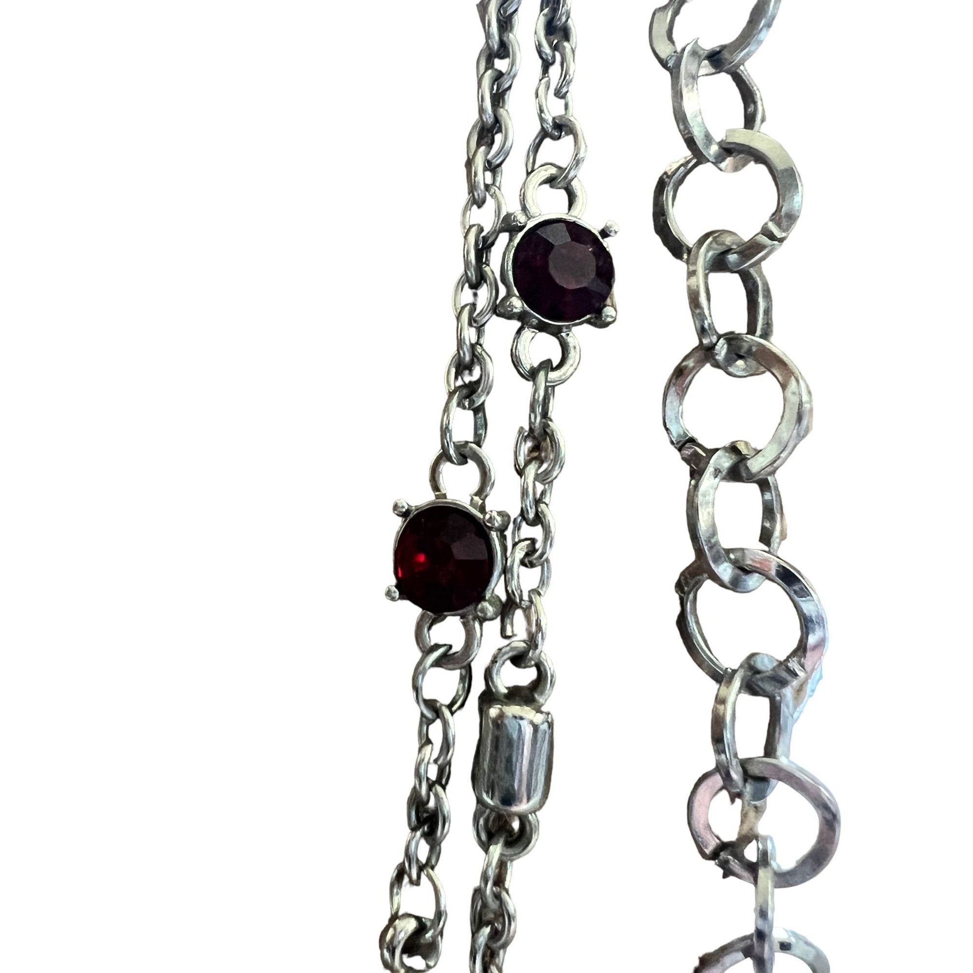 Other 3 Strand Silver Tone Necklace Different Chains Red Rhineston Size ONE SIZE - 2 Thumbnail