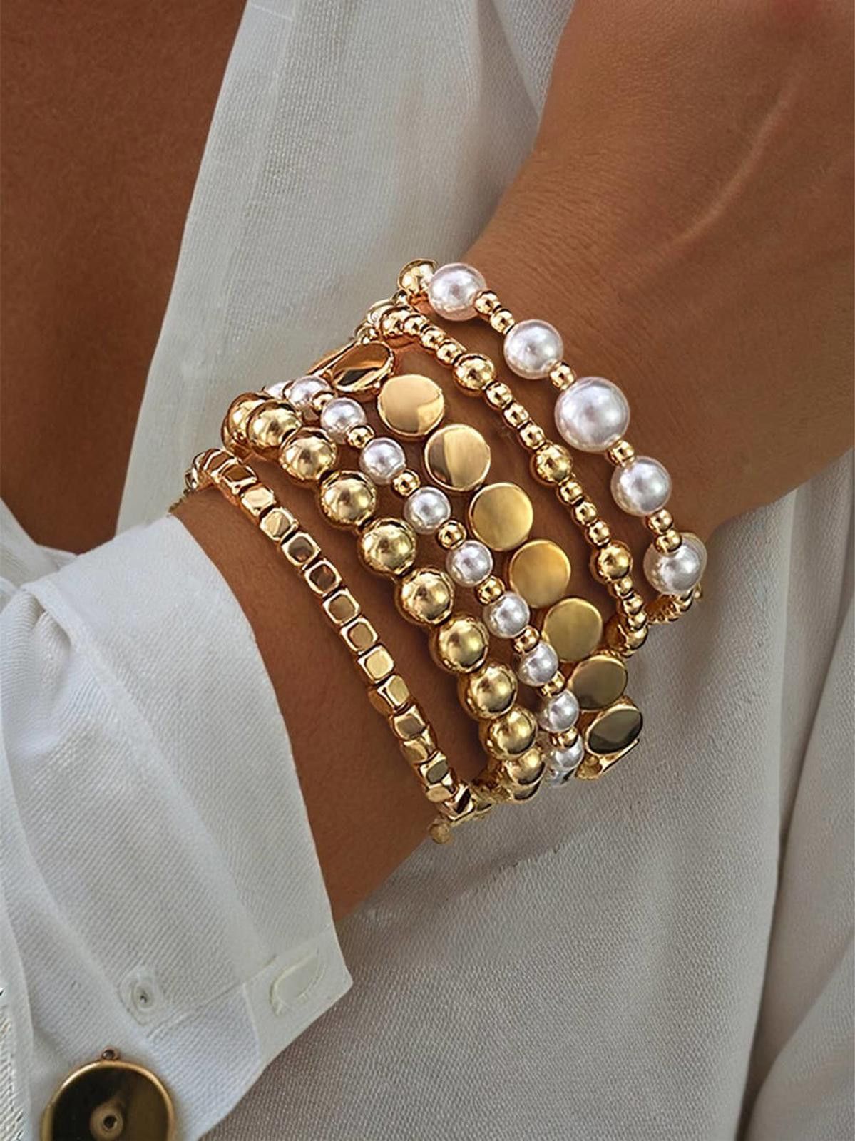Other Gold & Pearl Beaded Multi Layer Elastic Bracelets 6 pcs Size ONE SIZE - 2 Thumbnail