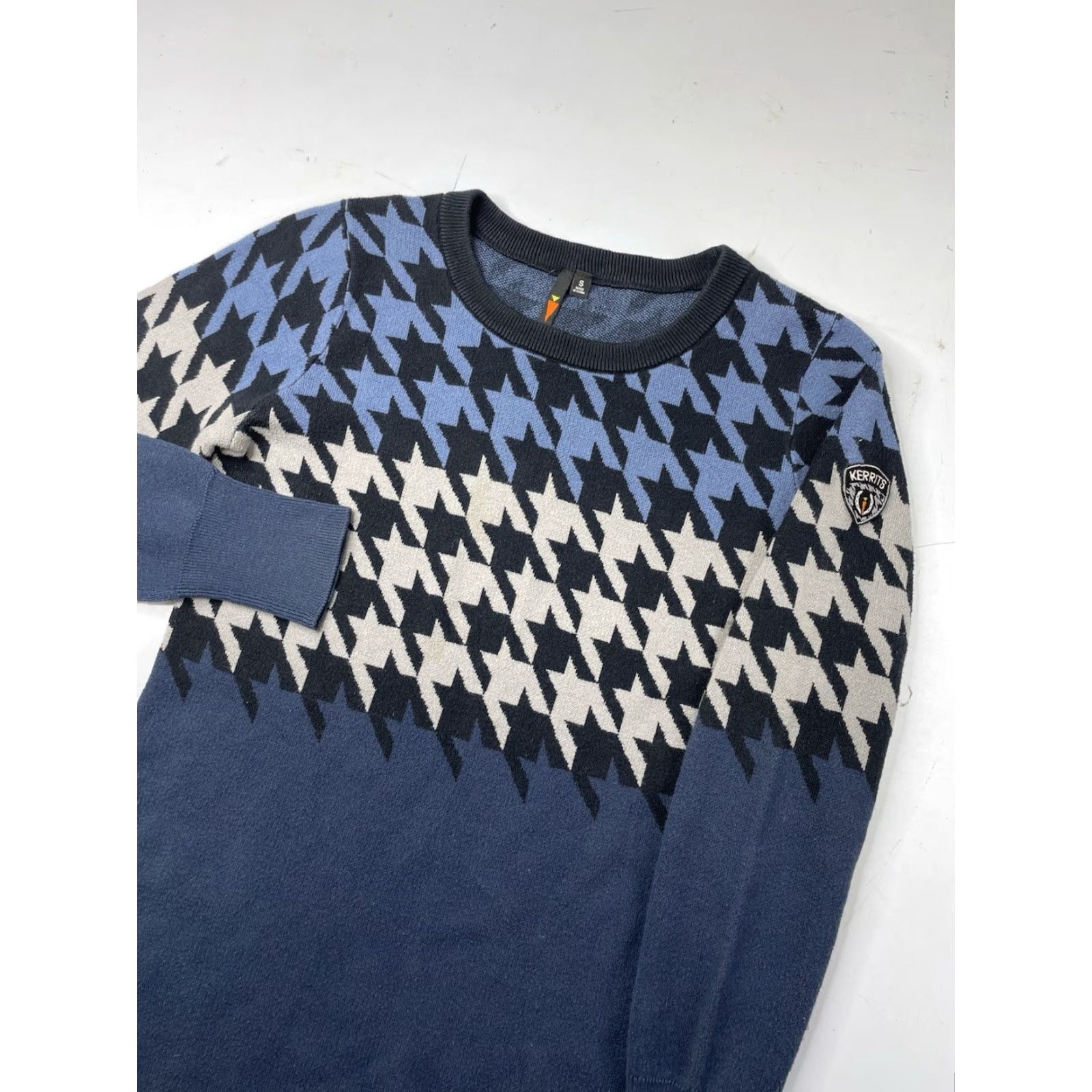 Vintage Kerrits Houndstooth Sweater Blues Black Gray Women’s Small Riding Equestrian Crew Neck Long Sleeve Acrylic Cotton Sail? Size S / US 4 / IT 40 - 2 Thumbnail