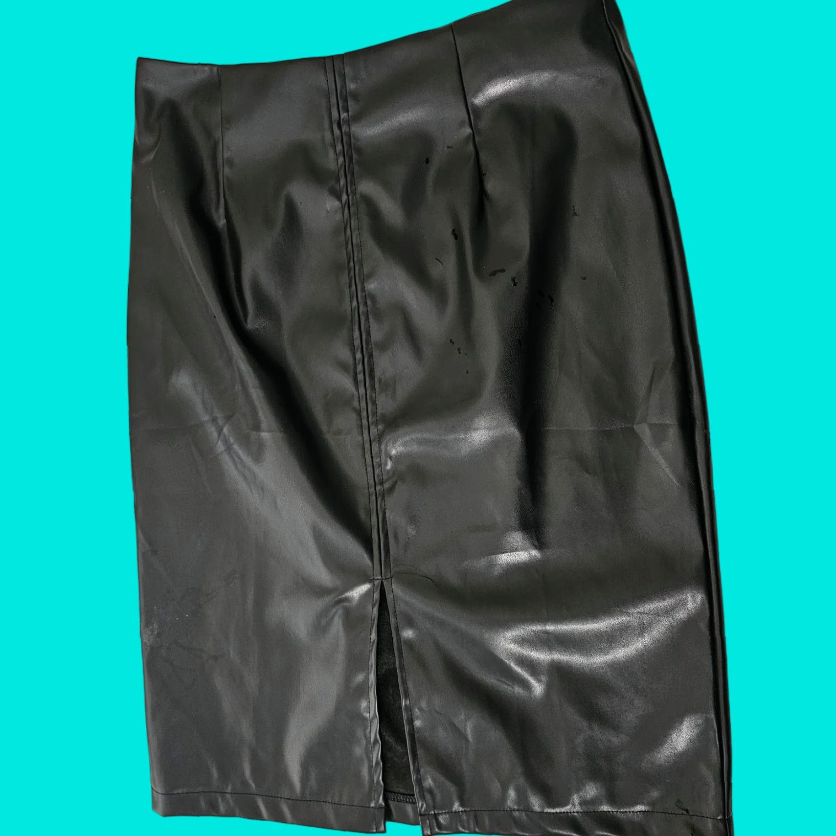 Vintage RANLEGE Skirt Women Size M Black Faux Leather Side Zipper Split Bottom Size 32" / US 10 / IT 46 - 1 Thumbnail