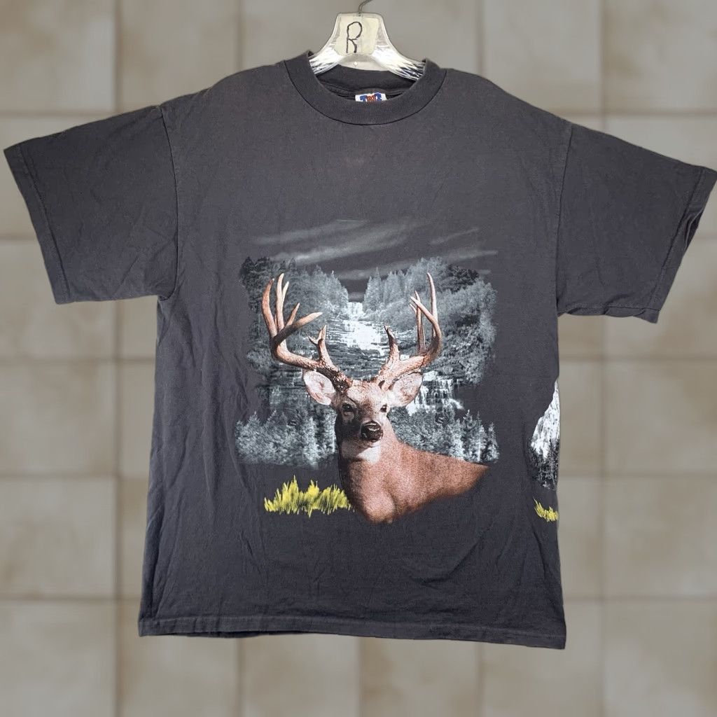 Vintage VINTAGE Trau & Loevner Men’s Short Sleeve T-Shirt Animal Print Deer Mountains Nature Gray Large Size US 33 - 1 Thumbnail