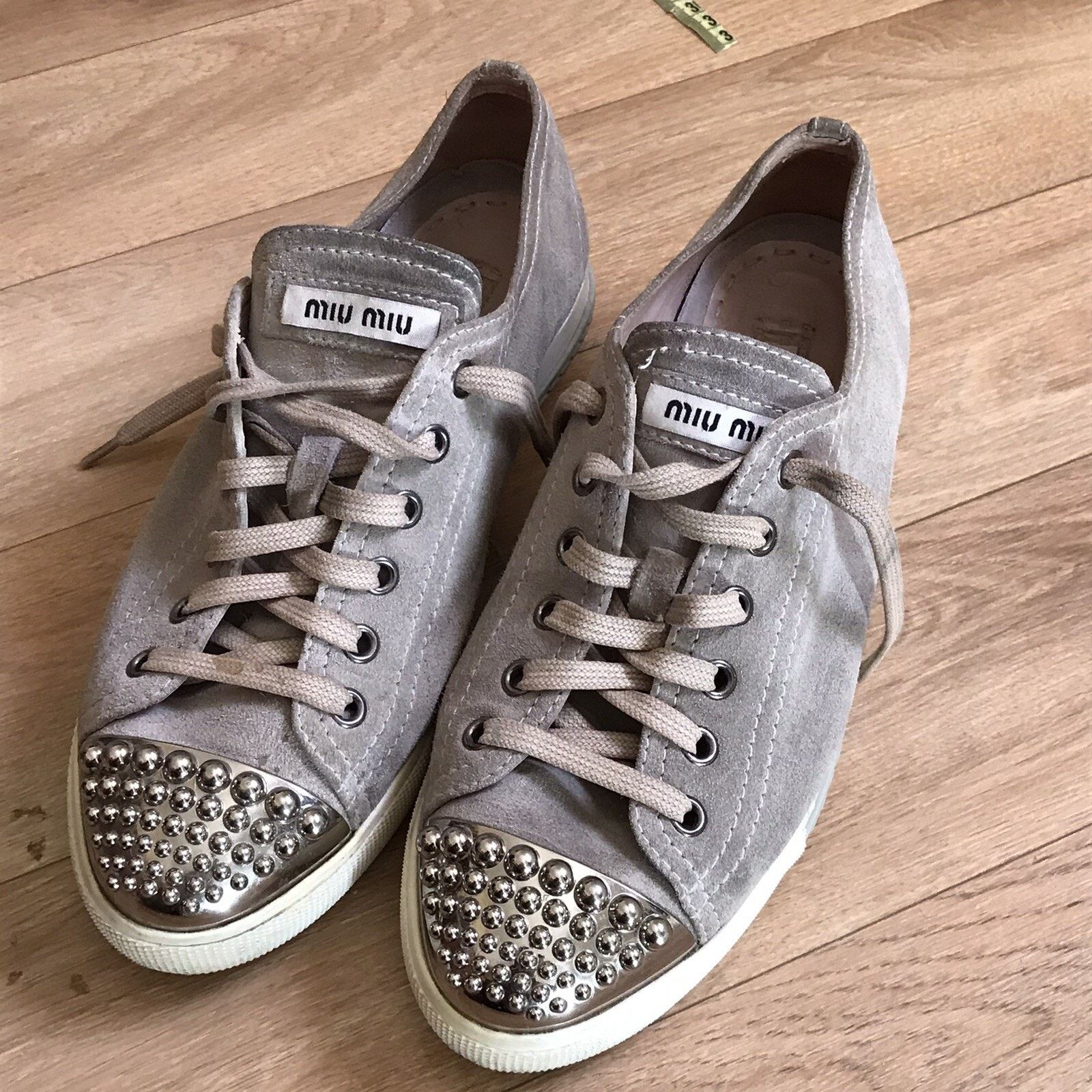 Miu Miu MIU MIU Womens Sneakers Suede Leather Shoes Studded Toe Size US 7 / IT 37 - 2 Thumbnail