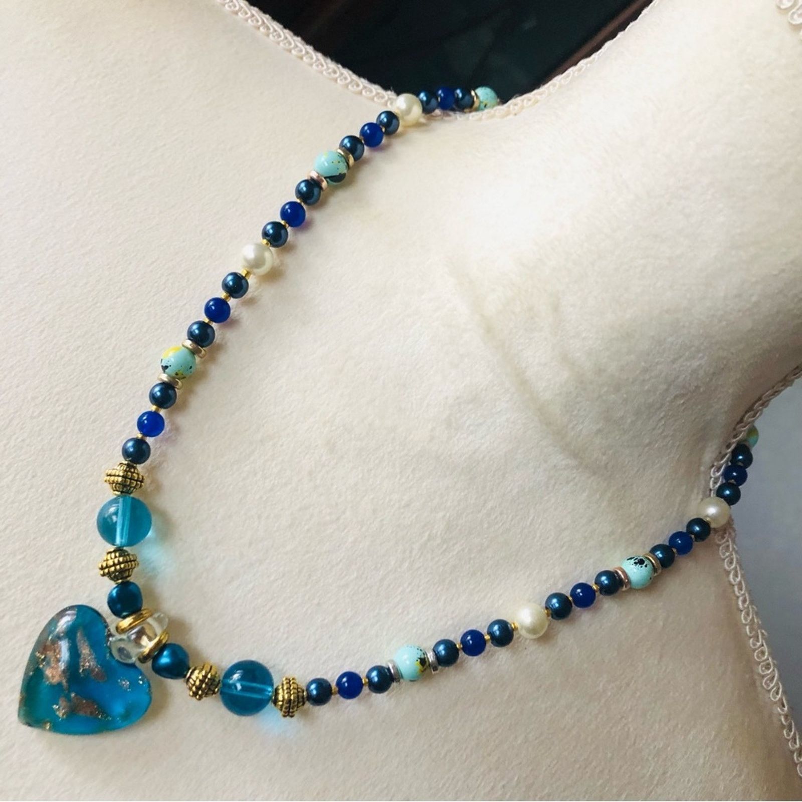 Handmade Handcrafted repurpose dichroic heart lazurite necklace Size ONE SIZE - 1 Thumbnail