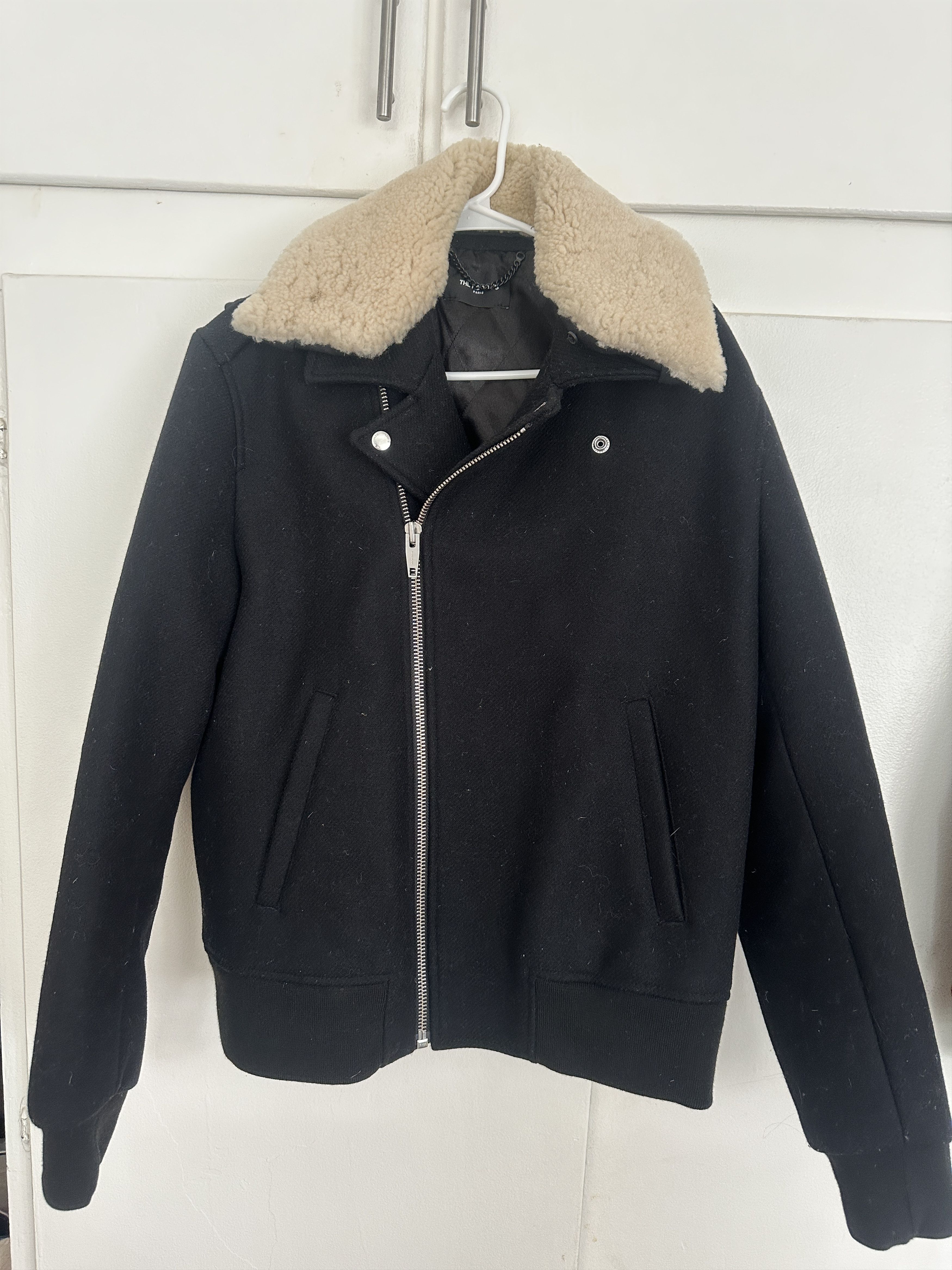 The Kooples Black Wool Biker Jacket With Sheepskin Collar Size US S / EU 44-46 / 1 - 2 Thumbnail