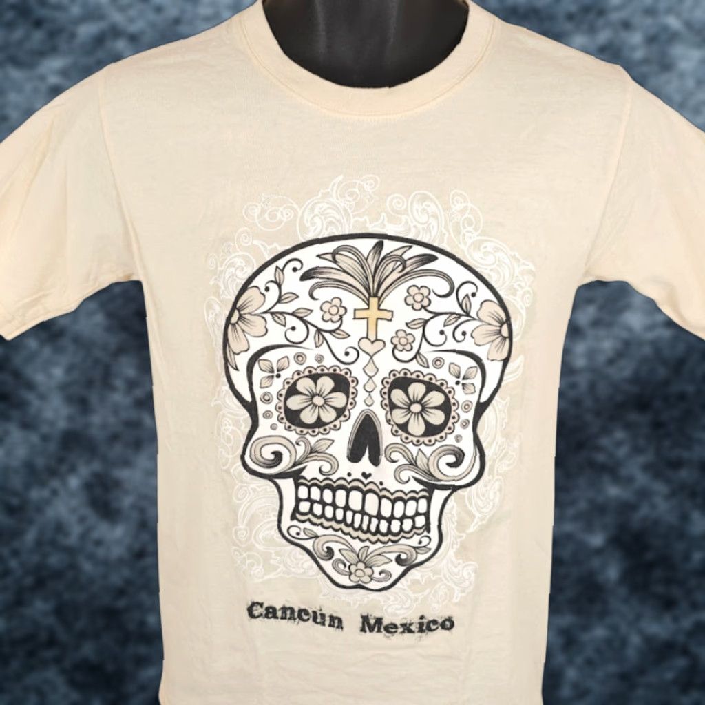 Sugar Cancun Mexico T Shirt Mens Size Small Yellow Sugar Skull Travel Destination Size US S / EU 44-46 / 1 - 1 Thumbnail