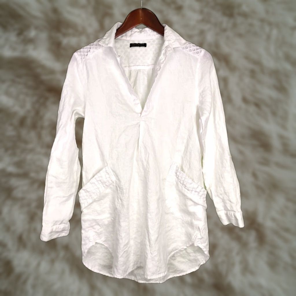 Vintage For Cynthia Blouse Tunic Linen White Small V-Neck Long Sleeve Pockets Read Ladies Beach Bohemian Lagenlook Regular Size S Womens Top Size S / US 4 / IT 40 - 1 Thumbnail