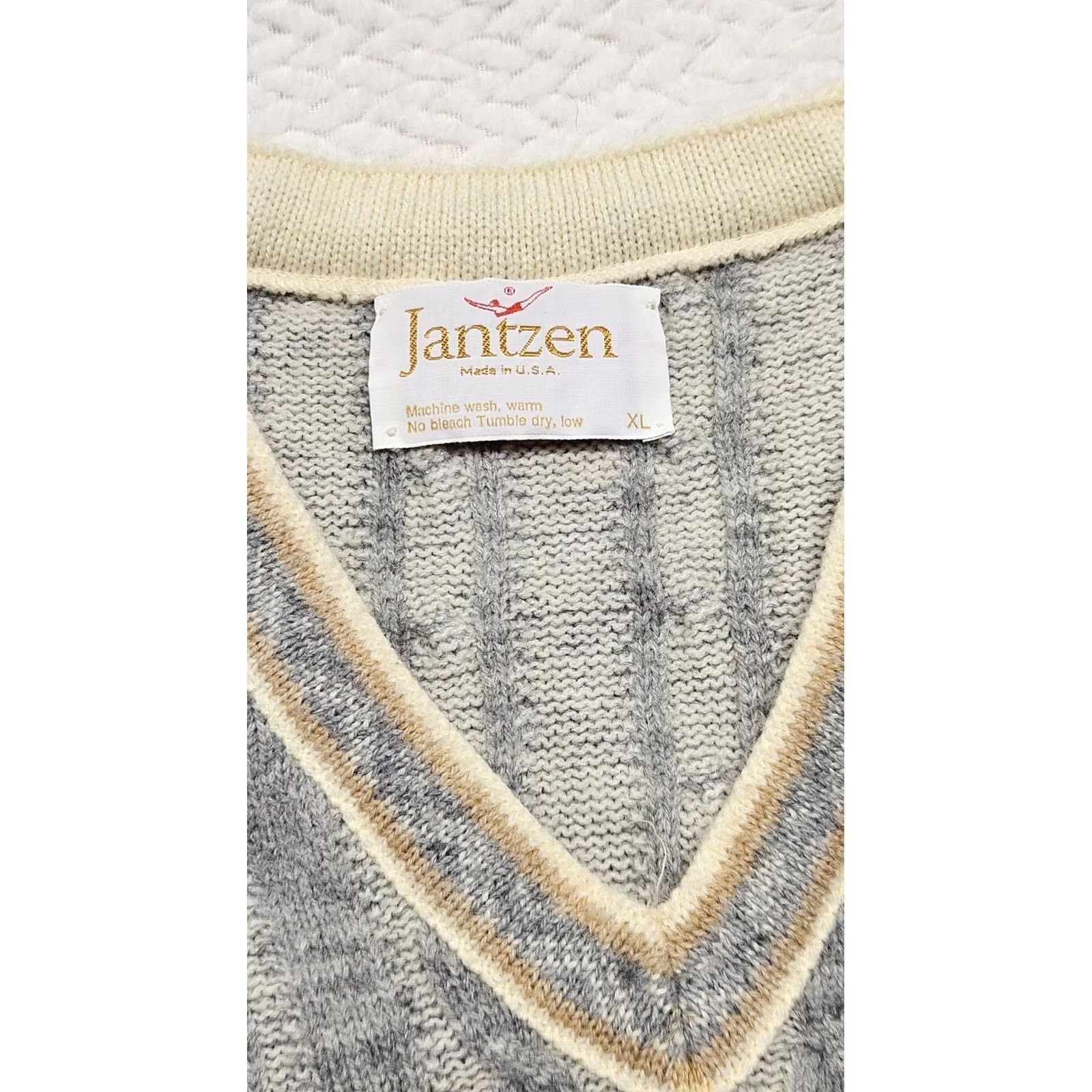 Jantzen VINTAGE Jantzen Cable-Knit Sweater Mens XL Heather Gray Striped 90s Wool Pullover Made In USA Size XL / US 12-14 / IT 48-50 - 3 Thumbnail