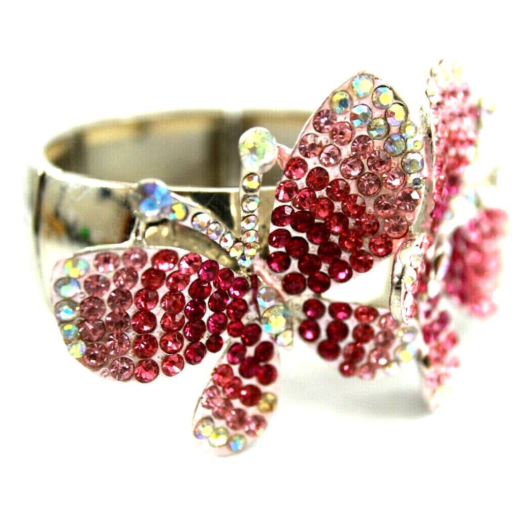 Other Pink-White Rhinestone Butterfly Silvertone Stretch Bracelet Size ONE SIZE - 2 Thumbnail