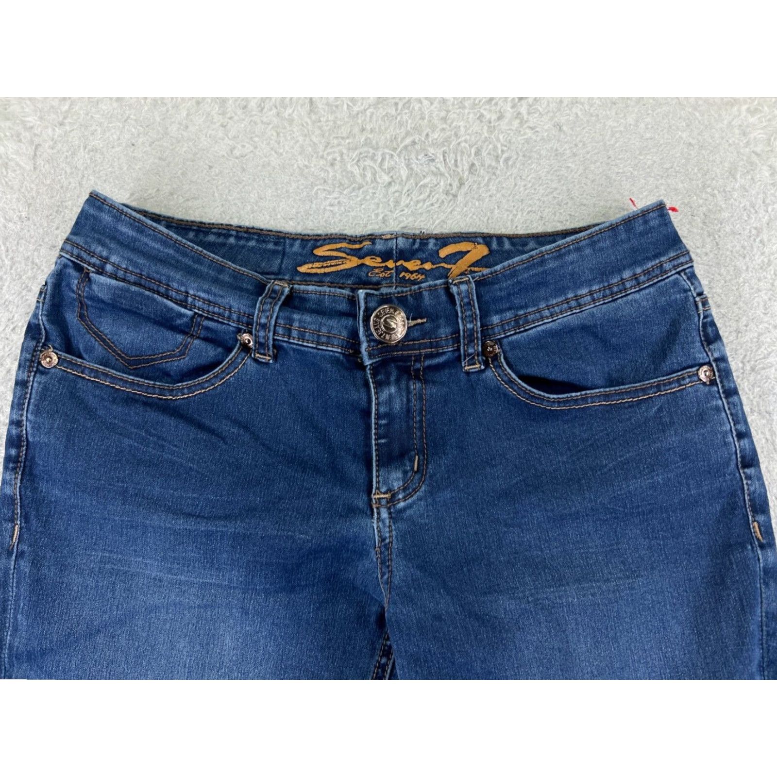 Vintage Seven7 Jeans Women Skinny Fit Denim Blue Dark Wash 28x28 Low Rise Stretch 6 5-Pocket Button Embroidered Logo Regular Inseam 28 in Cotton Size 28" / US 6 / IT 42 - 4 Thumbnail