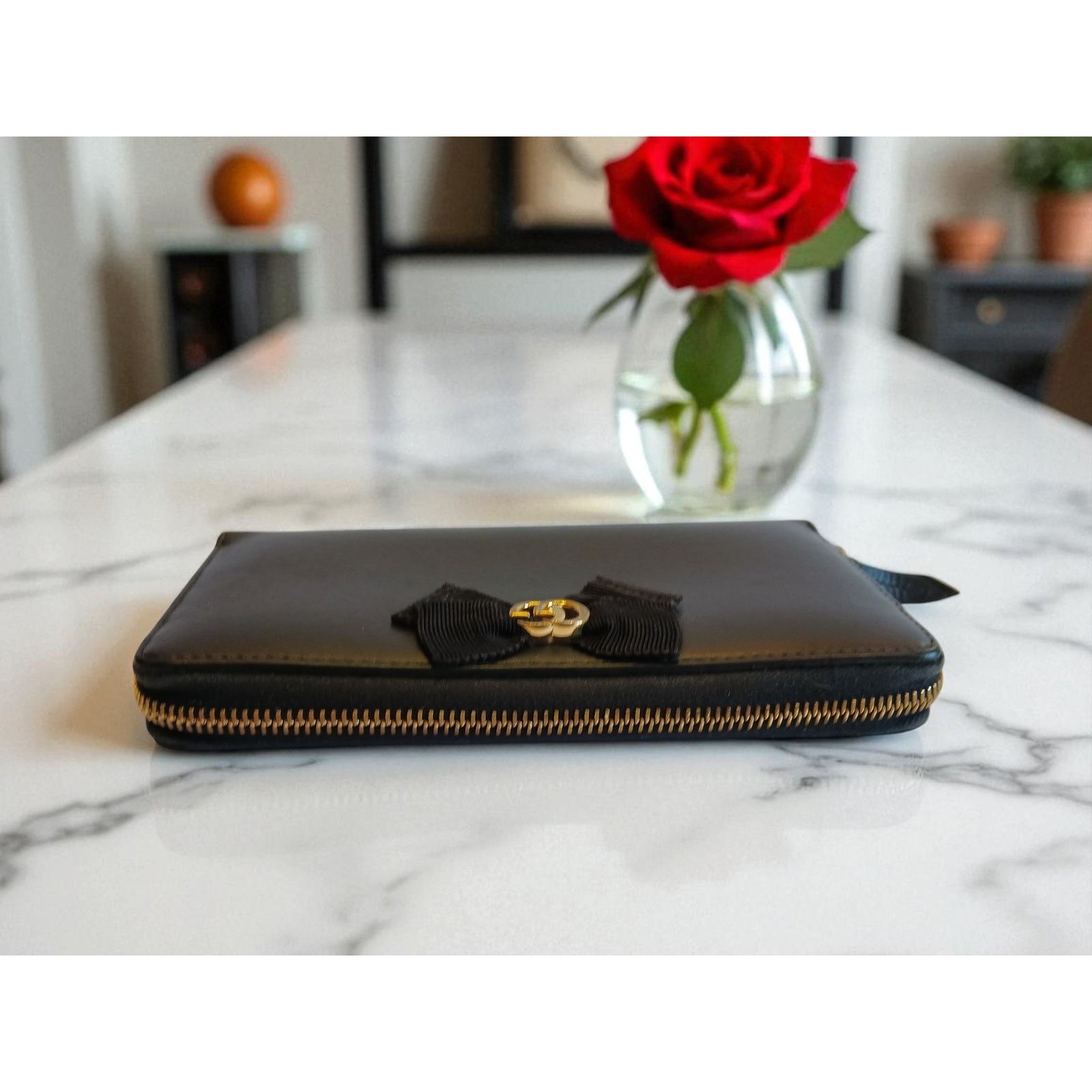 Gucci GUCCI GG Marmont Ribbon Wallet Zip Around Black Leather Size ONE SIZE - 10 Thumbnail