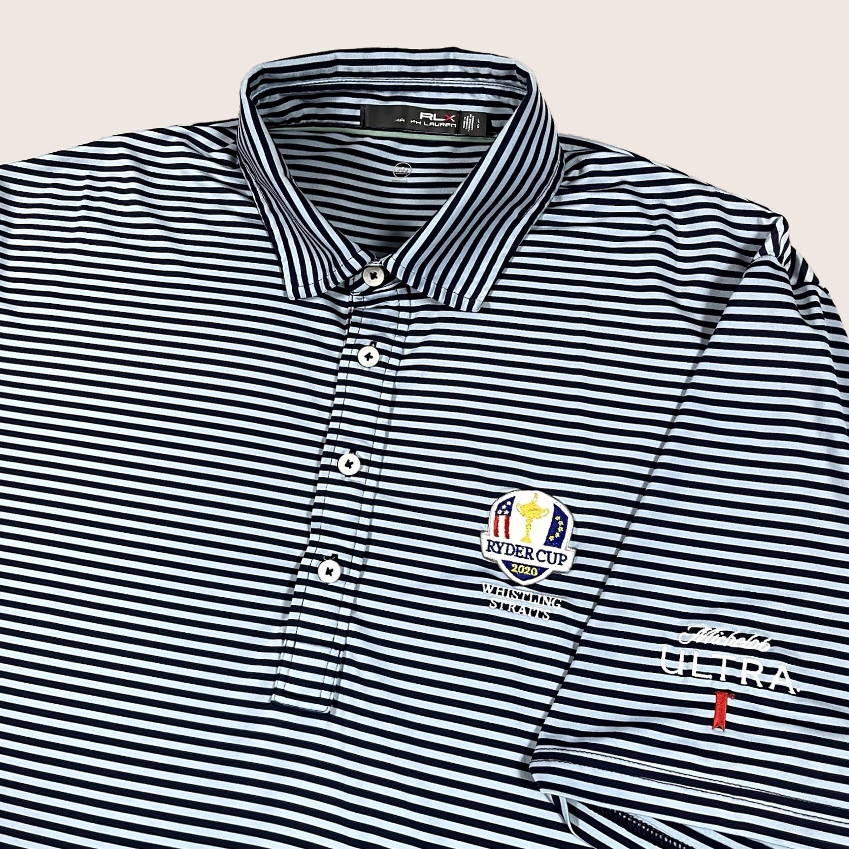 RLX Ralph Lauren RLX Ralph Lauren Polo Shirt Mens L Ryder Cup Whistling Straits Michelob Ultra Blue Short Sleeve Button-Front Knit Polo Size US L / EU 52-54 / 3 - 1 Thumbnail