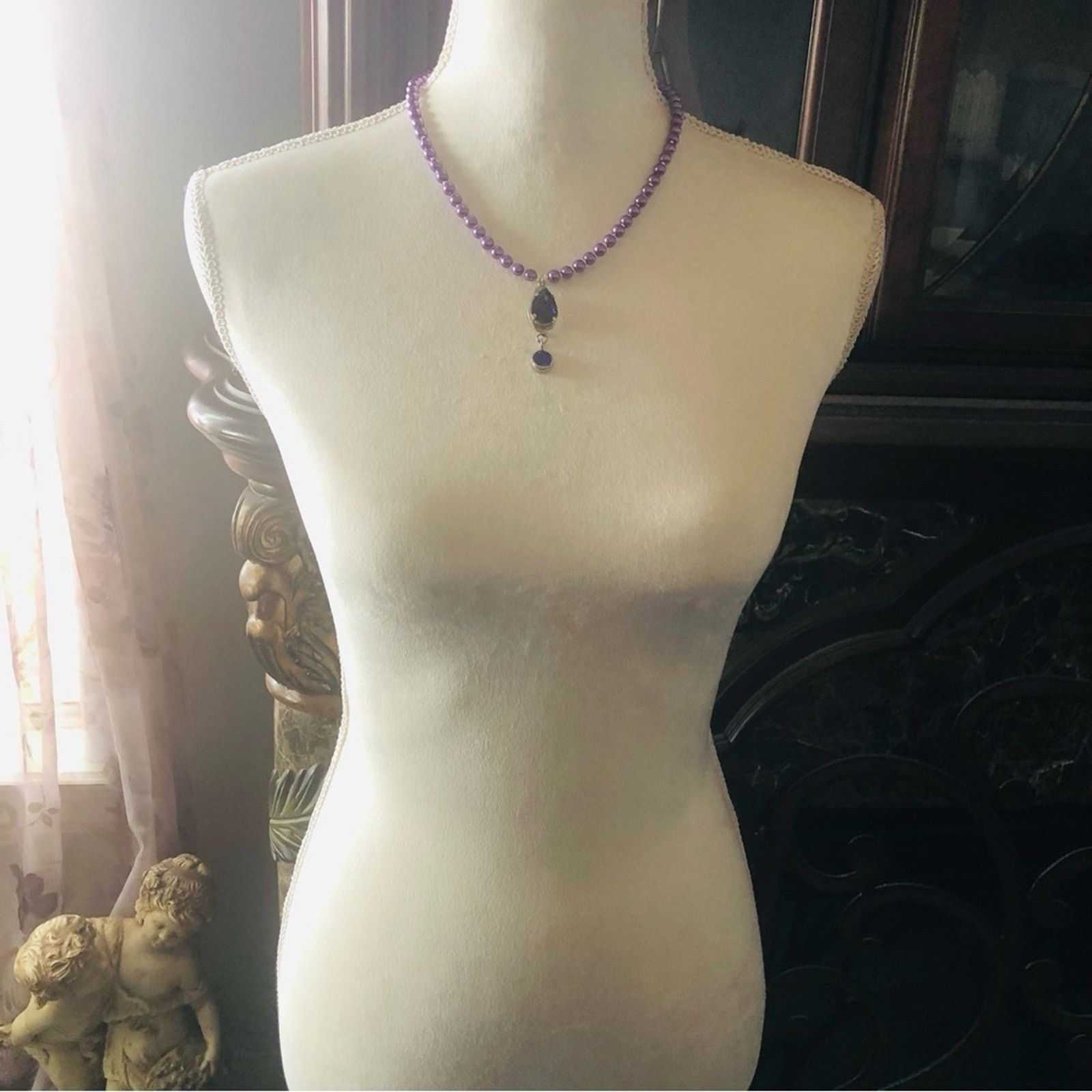 Handmade Handcrafted repurpose faceted stone pendant Pearl necklace Size ONE SIZE - 6 Thumbnail