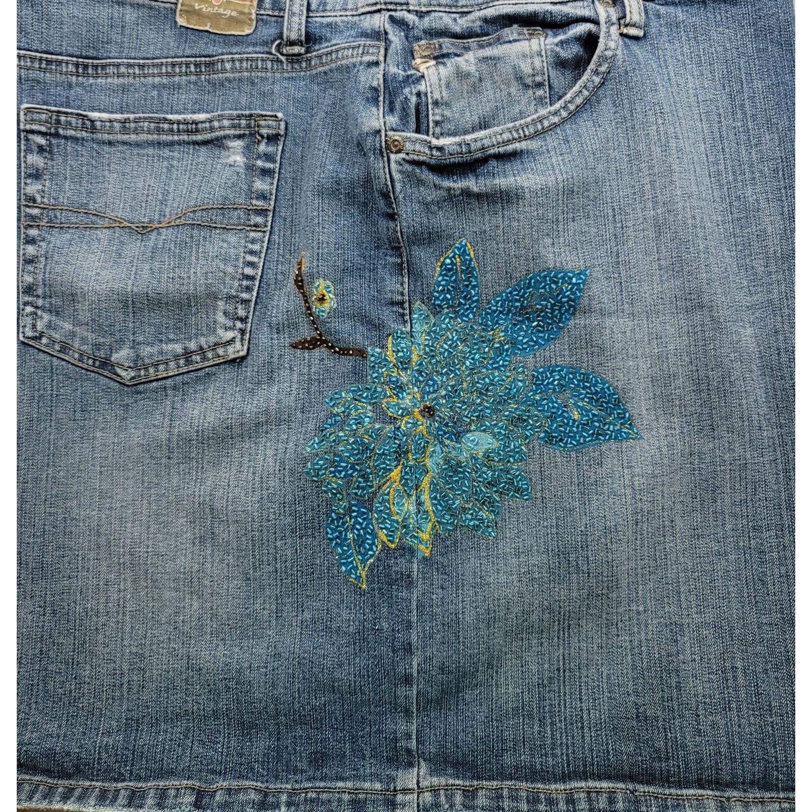 Other Vintage Z Cavaricci Blue Denim Beaded Flower Mini Skirt 16 Size 38" / US 16 / IT 52 - 3 Thumbnail