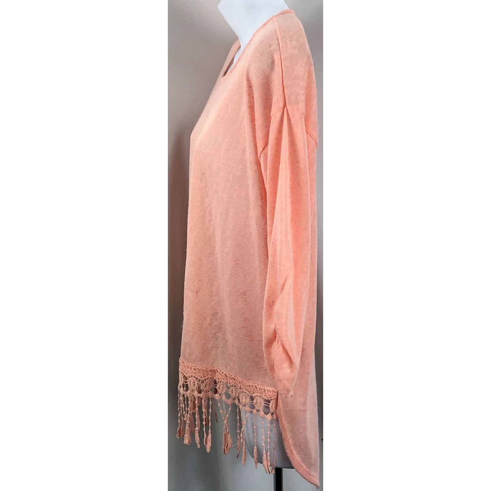 Vintage NoBo Tunic Sweater L Peach Crochet Fringe Hem 3/4 Sleeve Beach Boho Size L / US 10 / IT 46 - 2 Thumbnail