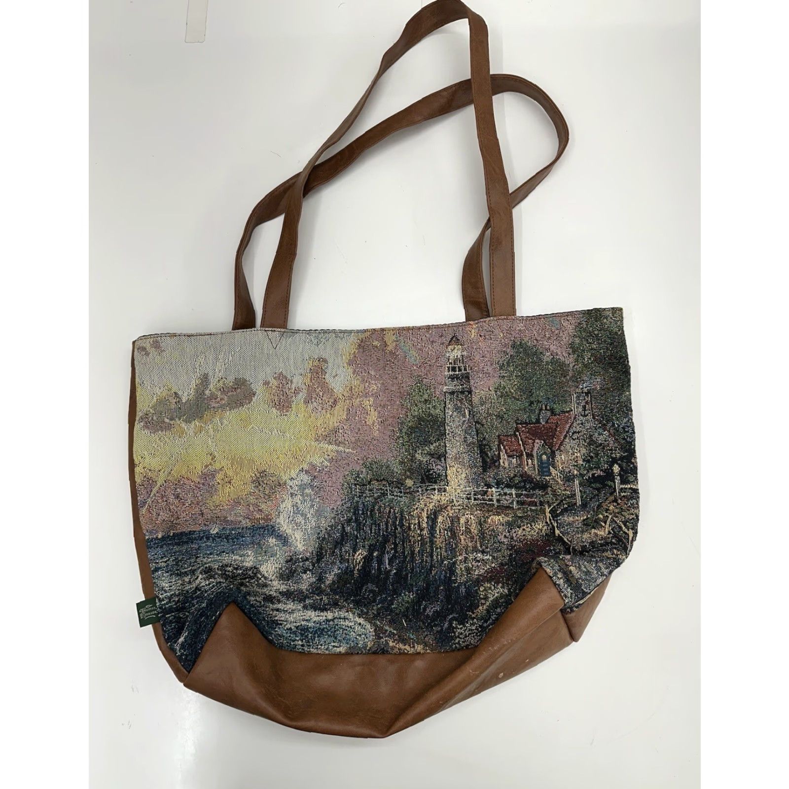 Vintage Thomas Kinkade Lighthouse Tote Bag Purse Tapestry Faux Leather Tote Brown Canvas Women Medium Vintage 90s Beach American Womens Size ONE SIZE - 2 Thumbnail