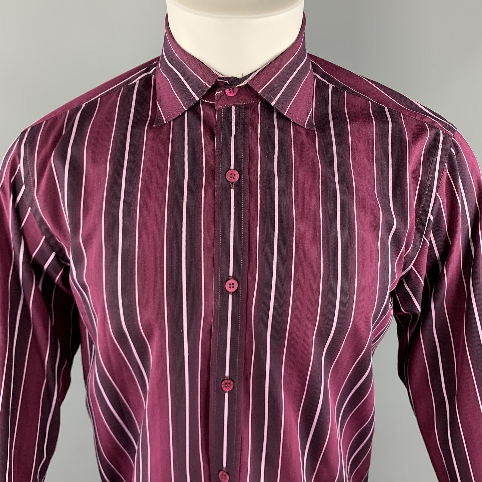 Ted Baker M Burgundy Stripe Cotton Spread Collar Button Up Long Sleeve Size US M / EU 48-50 / 2 - 2 Thumbnail