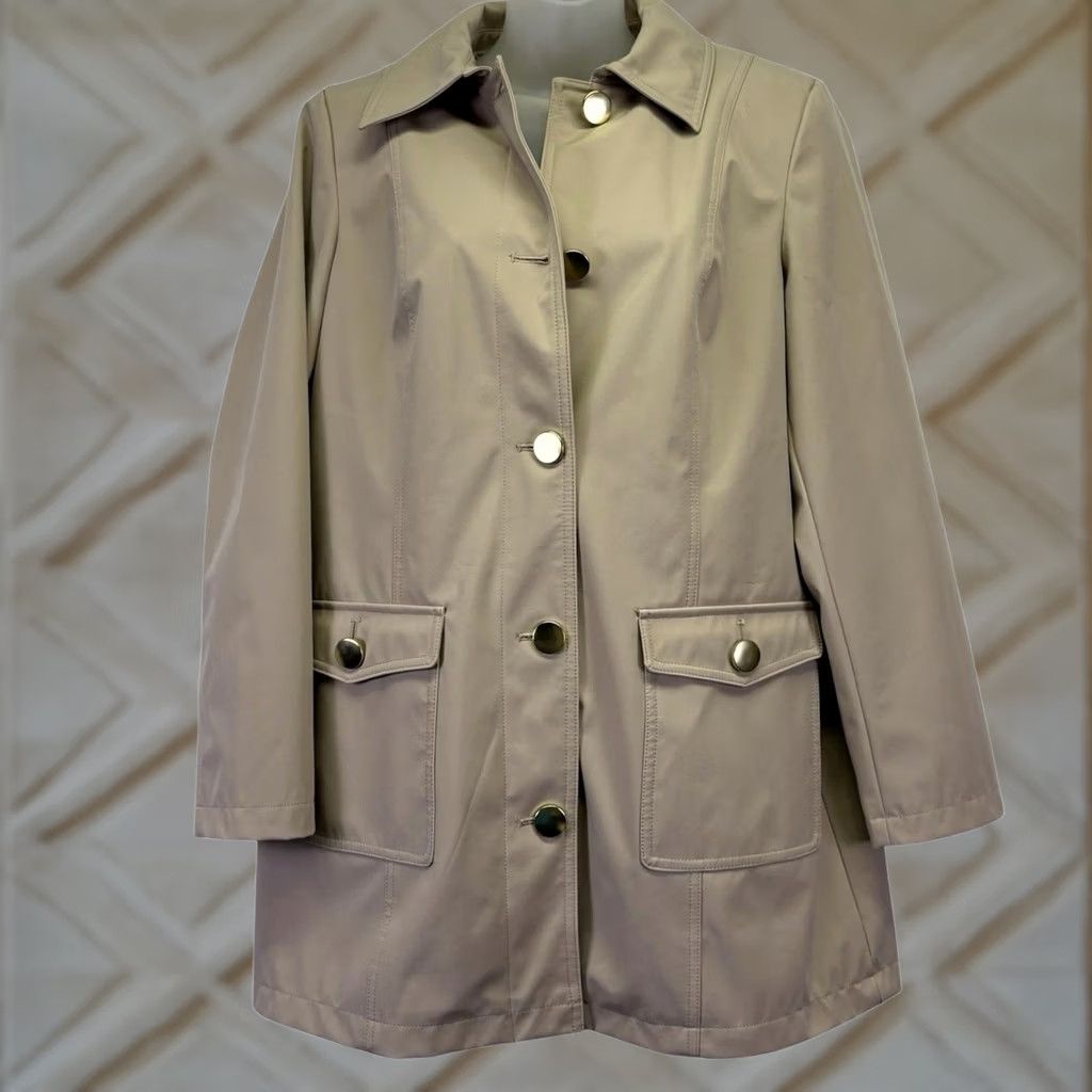 Vintage Dennis Basso Coat Womens S Brown Rain Trench Tan Gold Button Front Polka Dot Lined Size Size S / US 4 / IT 40 - 1 Thumbnail