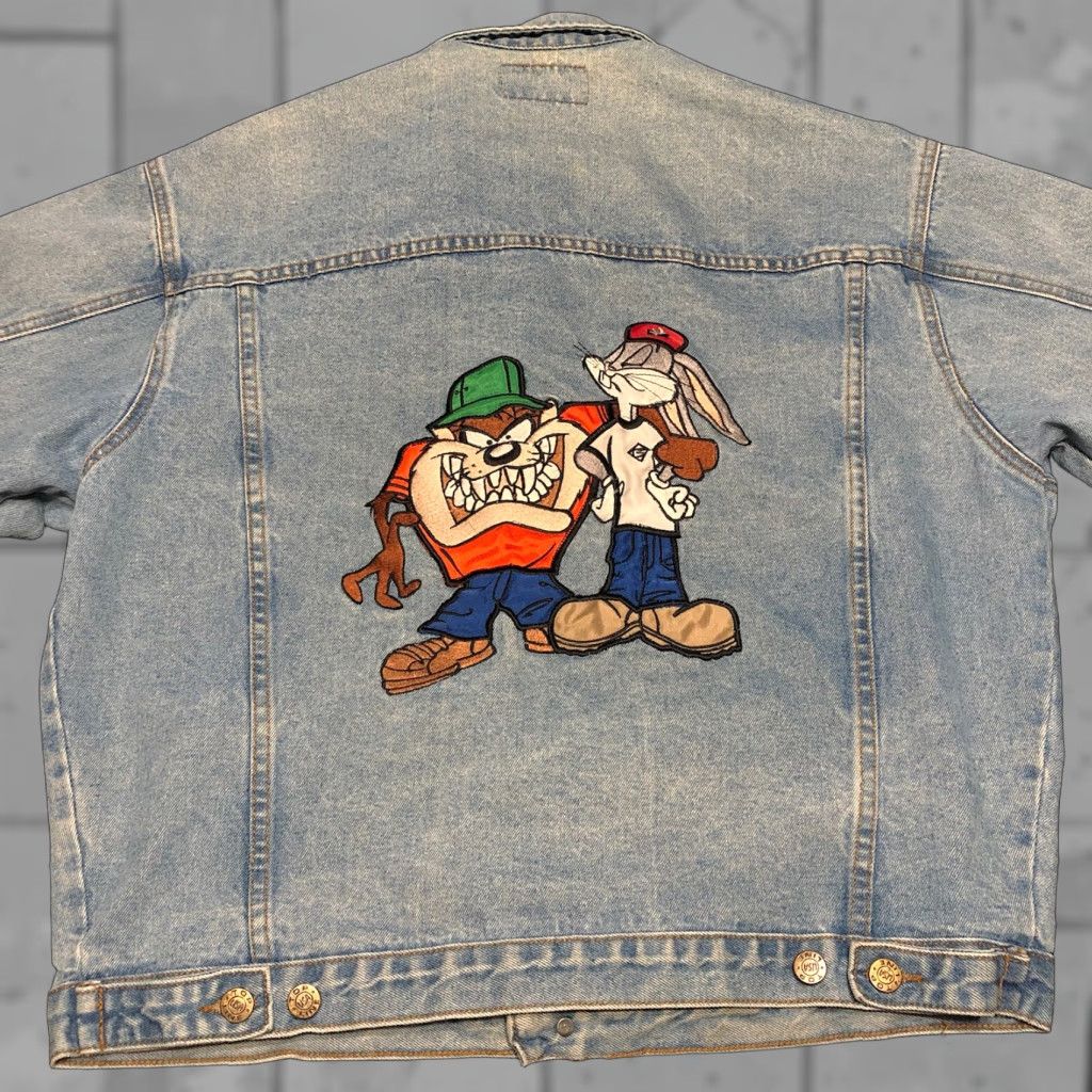VINTAGE Looney Tunes Denim Jacket Hip Hop 90s Casual Blue Large USA