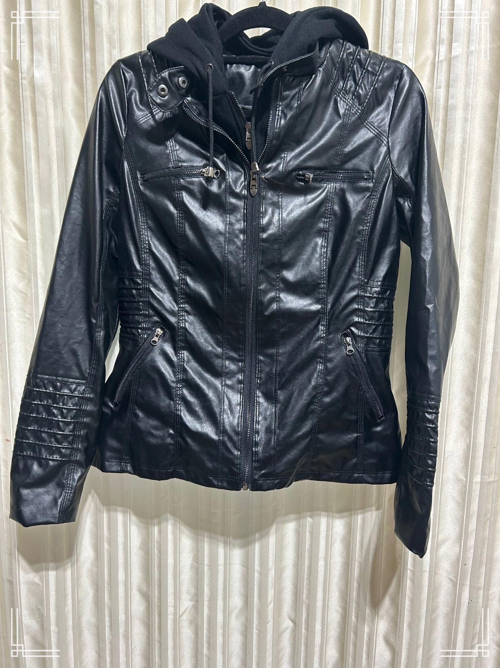 Designer Black Faux Leather Jacket with Detachable Hoodie Insert, S Size S / US 4 / IT 40 - 1 Thumbnail