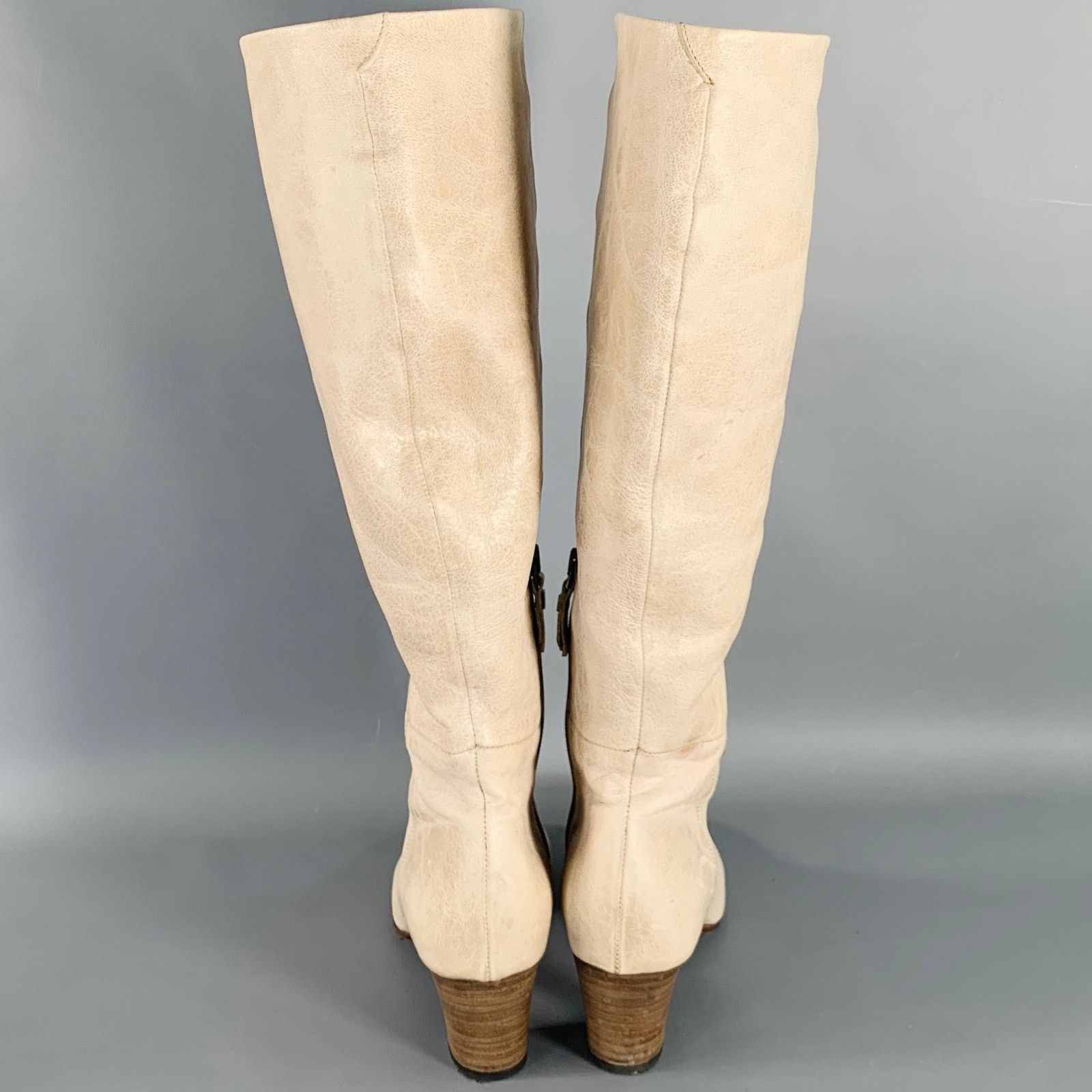 Pantanetti PANTANETTI Beige Leather Stacked Heel Calf High Boots Size US 7.5 / IT 37.5 - 3 Thumbnail