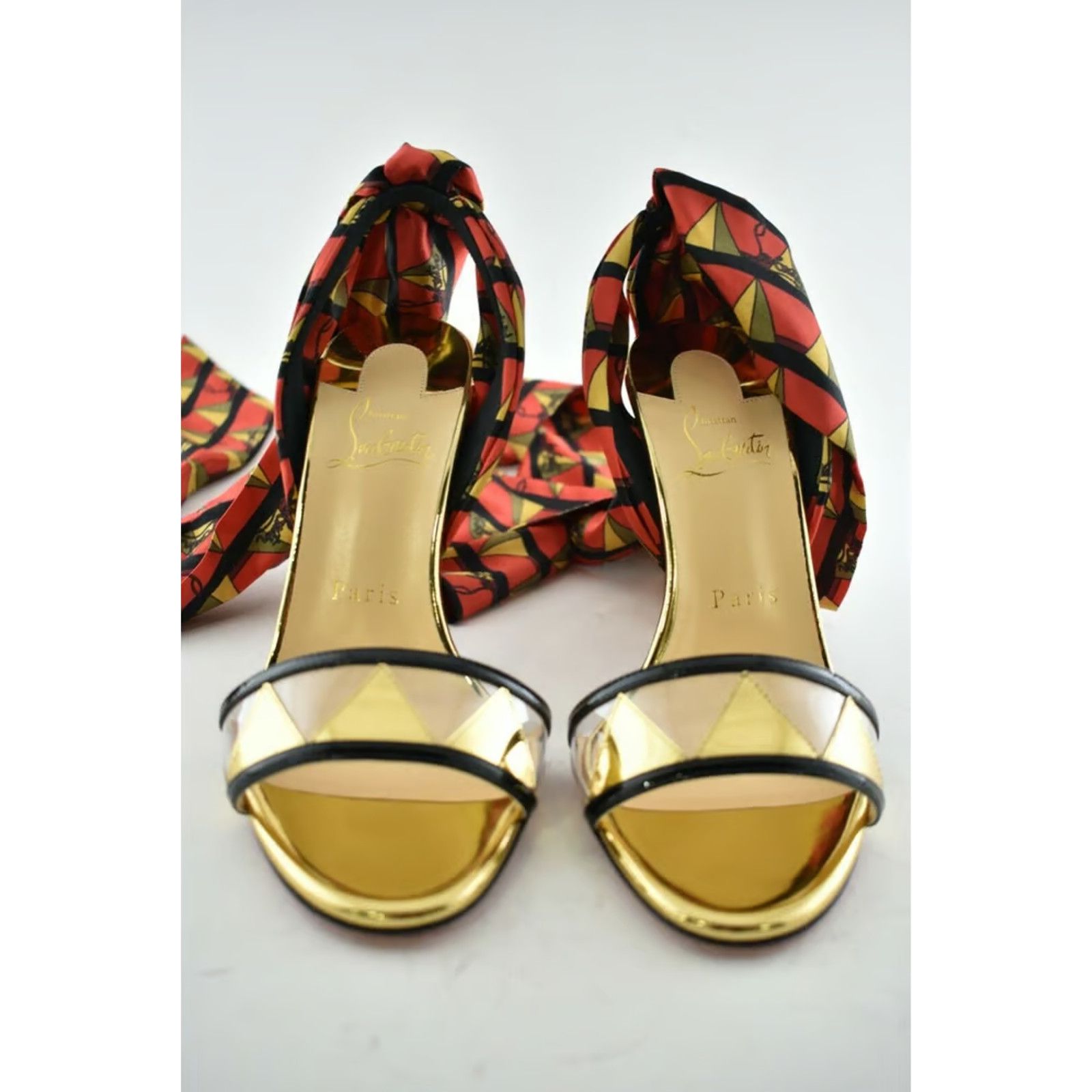 Christian Louboutin Baigneuse 100 Black Gold Red Lace Up Sandal Heel Pump 36.5 Size US 6.5 / IT 36.5 - 7 Thumbnail