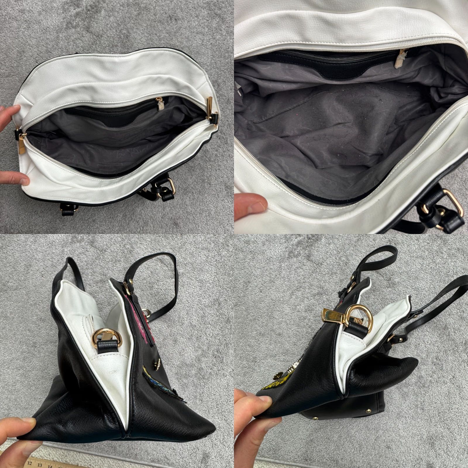 Vintage VINTAGE Amy & Joey Leather Tote Bag Women Medium Black Patches Graphic Statement Chic Size ONE SIZE - 8 Thumbnail