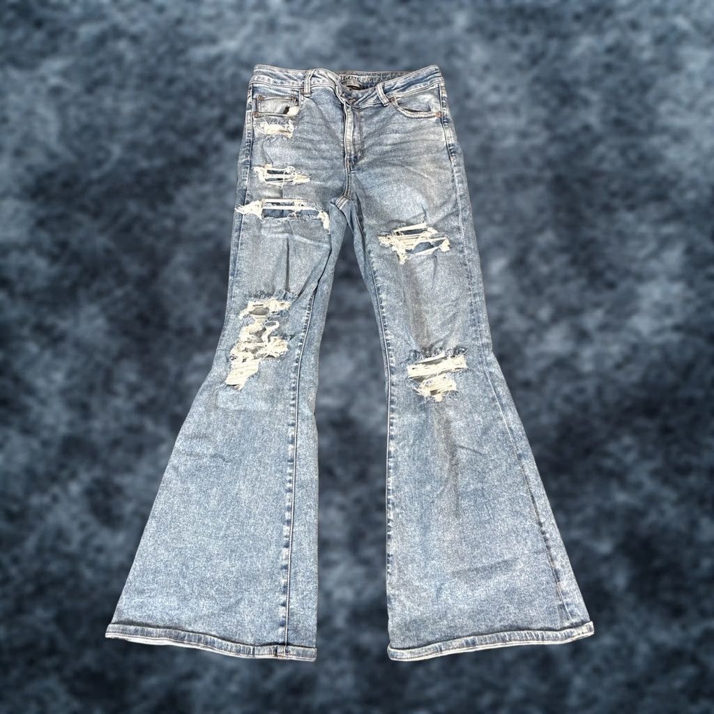 American Eagle Outfitters American Eagle Outfitters Jeans Flare 90s High Rise 12 Women Denim Blue Stretch Patch Pockets Logo Vintage No Size 34" / US 12 / IT 48 - 1 Thumbnail