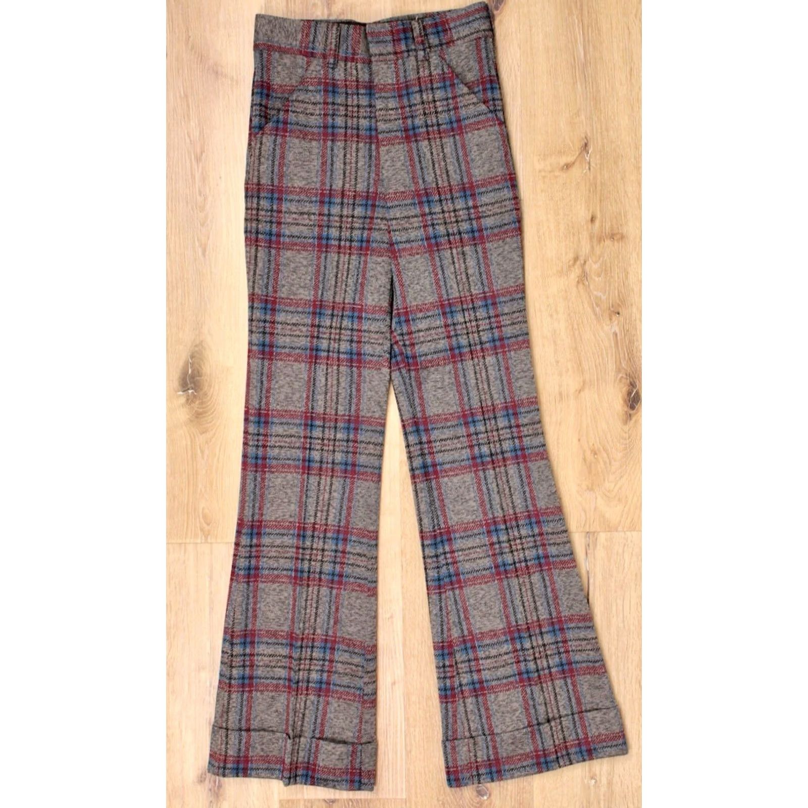 Farah VINTAGE Farah Mens VTG 1970s NOS Grey & Red Plaid Flare Pants Sz 27x32 70s Polyester Disco Size US 27 - 3 Thumbnail