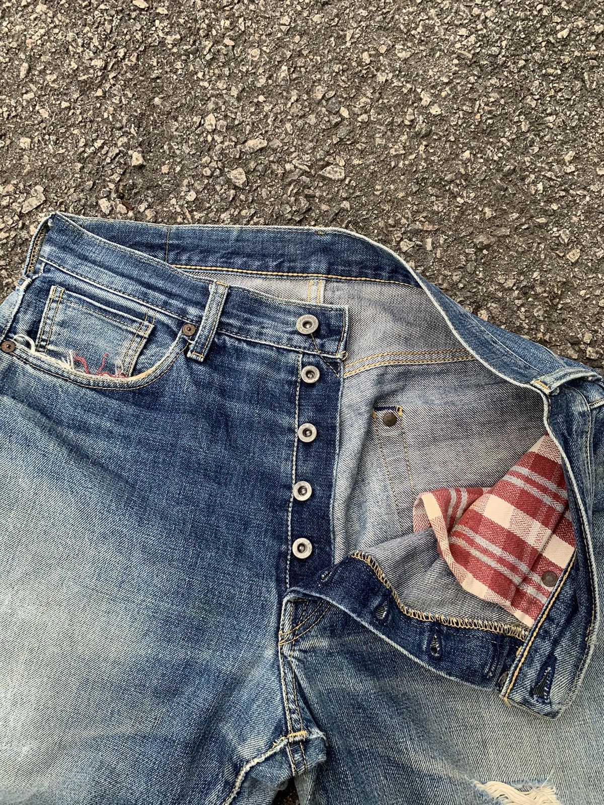 Jean × Kamakura Kamakura Red Button Fly Japanese Selvedge Distressed Denim🎌 Size US 33 - 15 Thumbnail