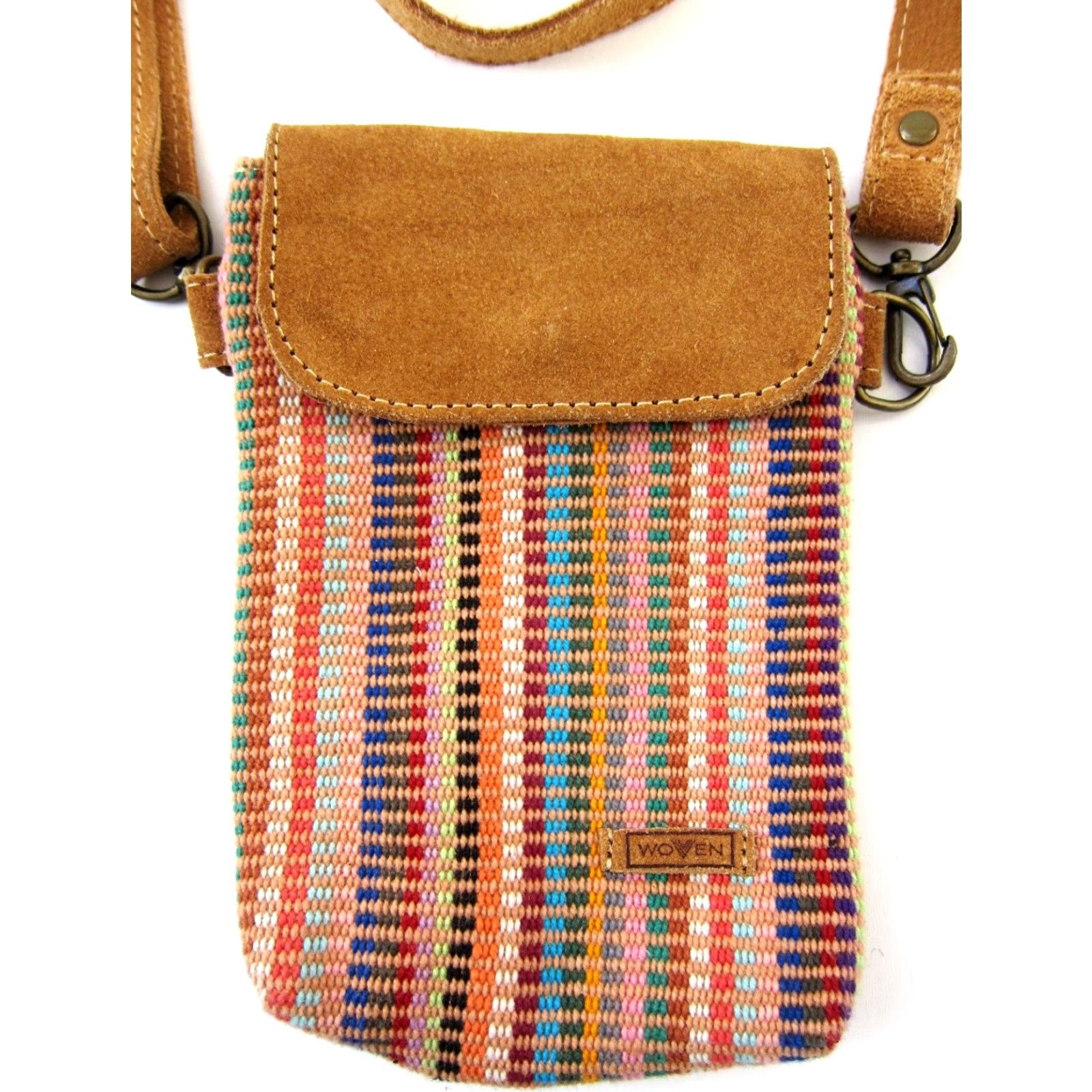 Vintage Woven Brown 100% Suede Leather Pink Green Weave Mini Crossbody Satchel Purse Size ONE SIZE - 2 Thumbnail
