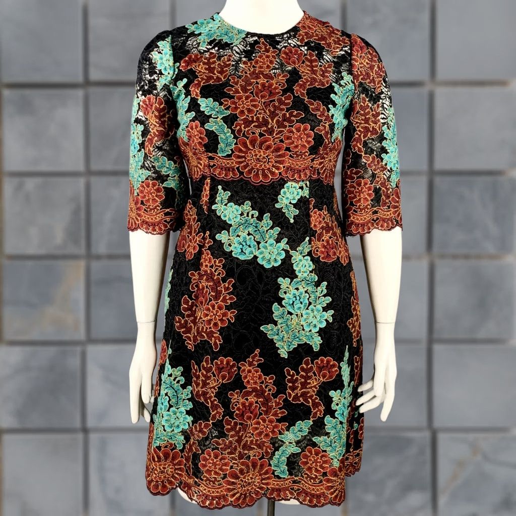 Dolce & Gabbana DOLCE & GABBANA Dress 10 Black Green Brown Floral Lace 3/4 Sleeves Knee Length Women Size L / US 10 / IT 46 - 1 Thumbnail