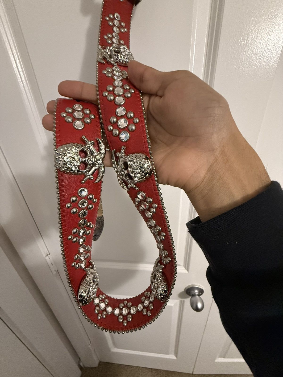 B.B. Simon Discontinued Baby Simon red leather belt with skull & sword Size 32 - 9 Thumbnail