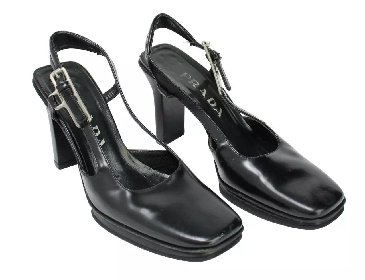 Prada PRADA Women's EU 37 Black Leather Square Toe Platform Heels Size US 7 / IT 37 - 1 Thumbnail