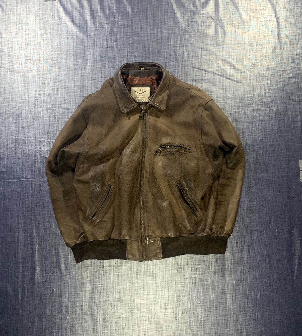 image of Genuine Leather x Vintage 1980 Ultra Premium Quality Distressed Leather Bomber in Brown Tan (Size L