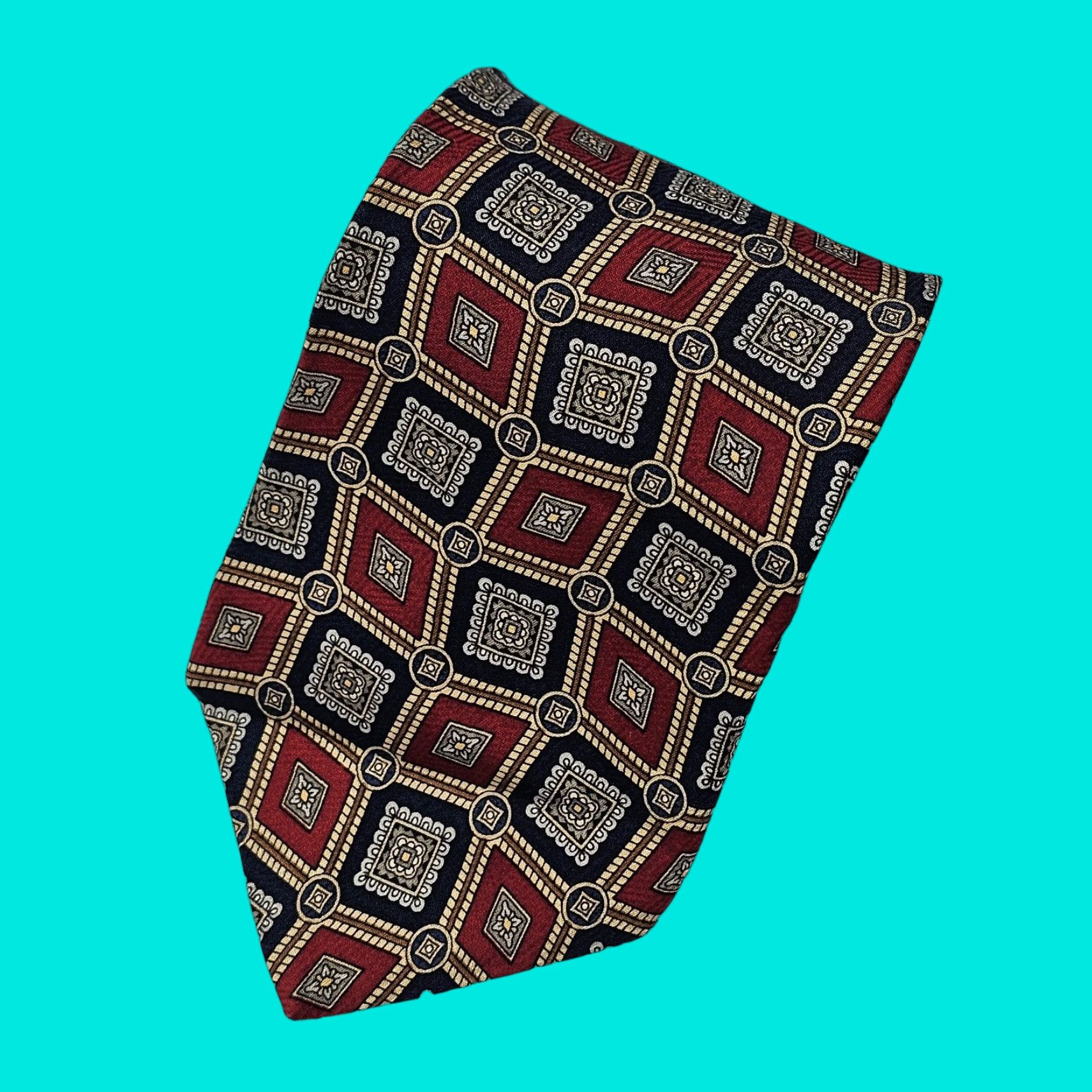 Vintage Zianetti X-Long Necktie Mens Red Geometric 100% Silk Preppy Retro Office Wear 64.5" x 4" Red Geometric Tie Classic Width Adult Mens Size ONE SIZE - 1 Thumbnail