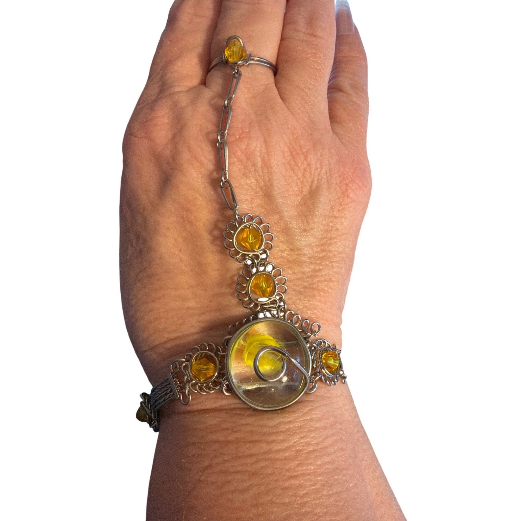 Other Silver Tone Chain Slave Bracelet Glass Dome Ring Attachment Size ONE SIZE - 4 Thumbnail