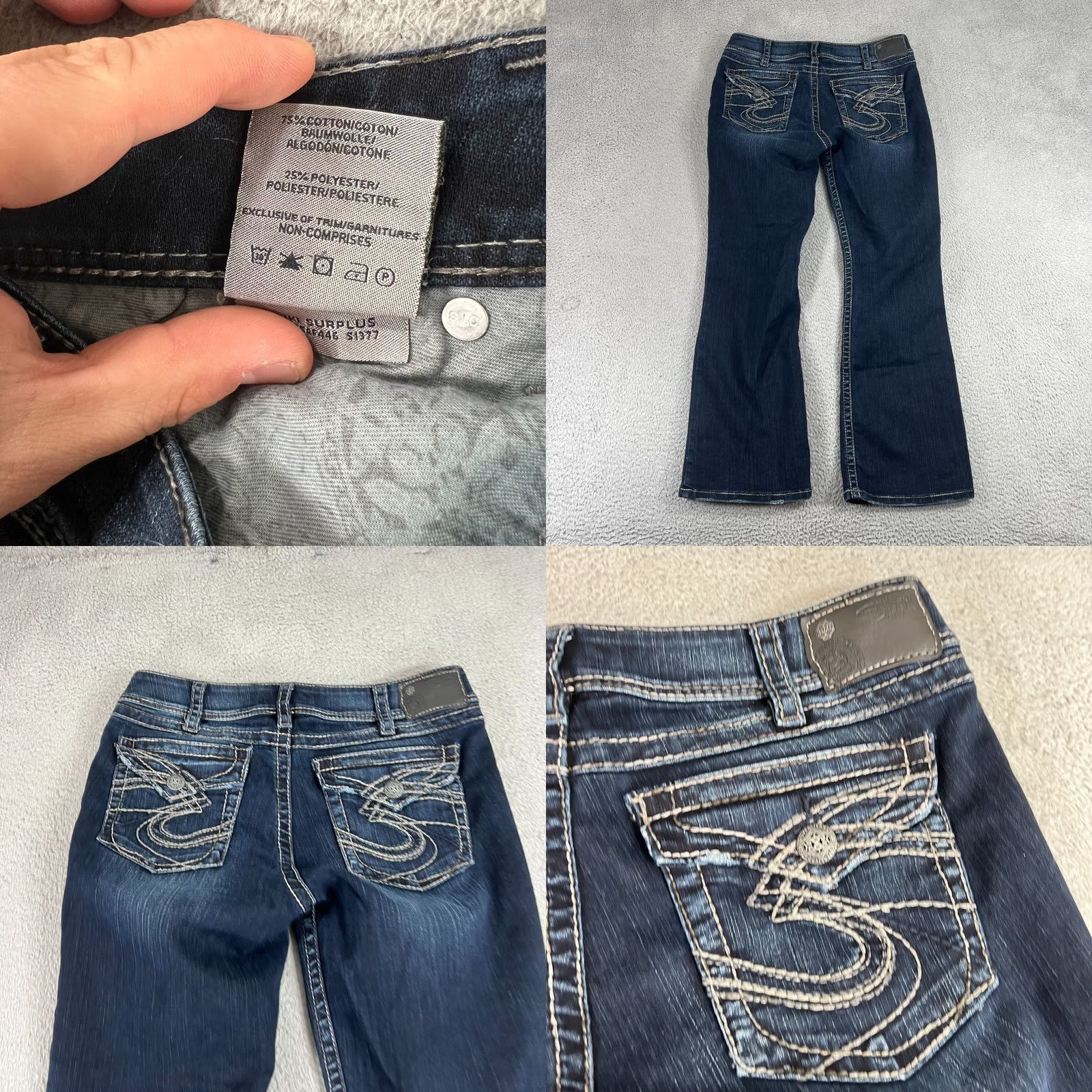 Silver Jeans Co. VINTAGE Silver Jeans Women Bootcut Jeans 33x30 Blue Suki Surplus Distressed Embellished 5-Pocket Womens Size 24" / US 00 / IT 34 - 8 Thumbnail