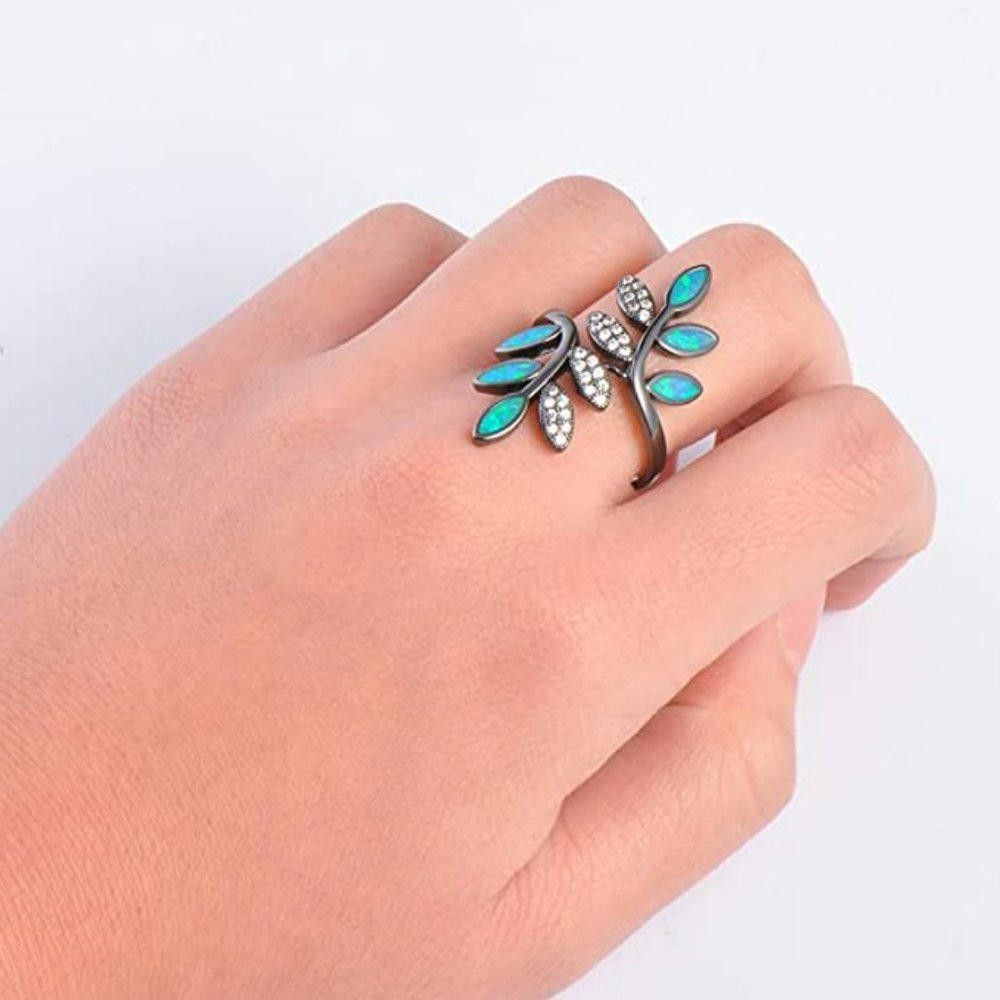 Designer 35mm Blue Opal & CZ Zircon Leaf Branch Ring - Size 7 Size ONE SIZE - 5 Thumbnail