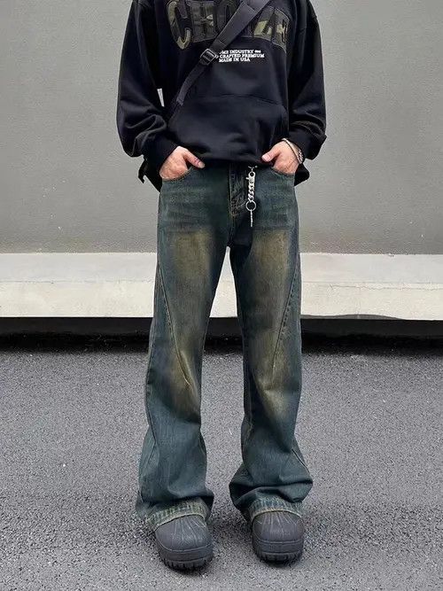 image of Vintage Washed Distressed Mud-Dyed Micro-Flared Jeans in Vintage Blue, Men's (Size 32)