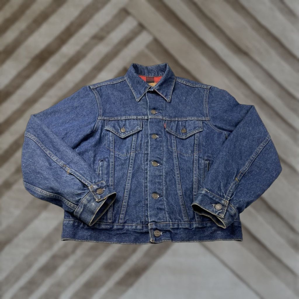 Denime VINTAGE Levis Denim Jacket 70411 0816 Flannel Lined Dark Denim Trucker Size 40R Blue 80s Men Regular Jacket Size US XXS / EU 40 - 1 Thumbnail