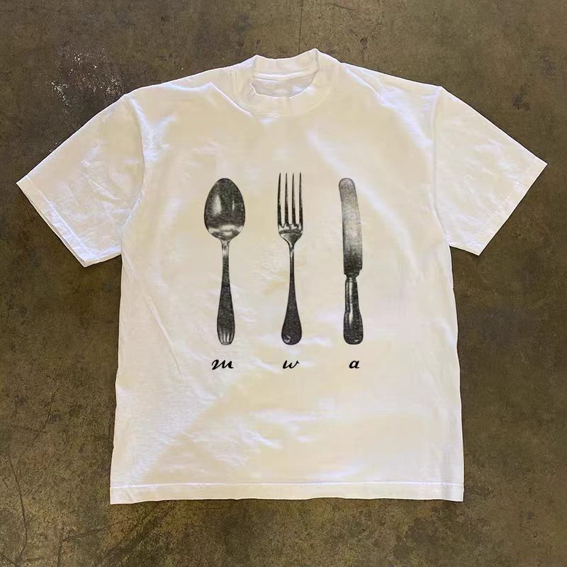 Vintage White Casual Retro T-Shirt with Fork and Knife Print Size US M / EU 48-50 / 2 - 1 Thumbnail