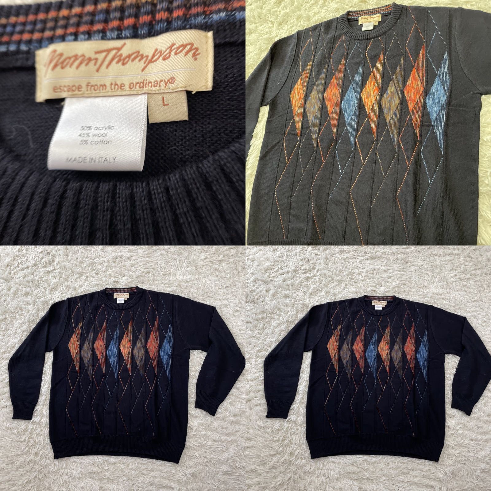 Jim Thompson NORM THOMPSON Wool Italian Sweater Men L Navy Blue Orange Retro Geometric Knit Pullover Crew Neck Long Sleeve Multicolor Size US L / EU 52-54 / 3 - 9 Thumbnail