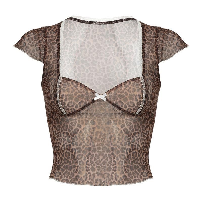 Vintage Leopard Print Lettuce Trim Semi-sheer Tulle Crop Tee Size M / US 6-8 / IT 42-44 - 5 Thumbnail