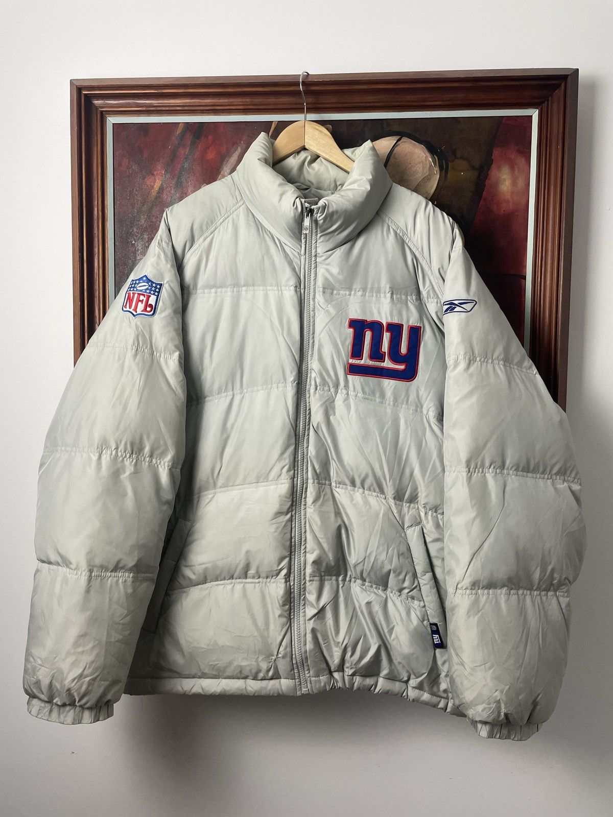 Image of New York Giants Nfl Reebok Football Down Puffer Jacket in Grey, Men's (Size XL)