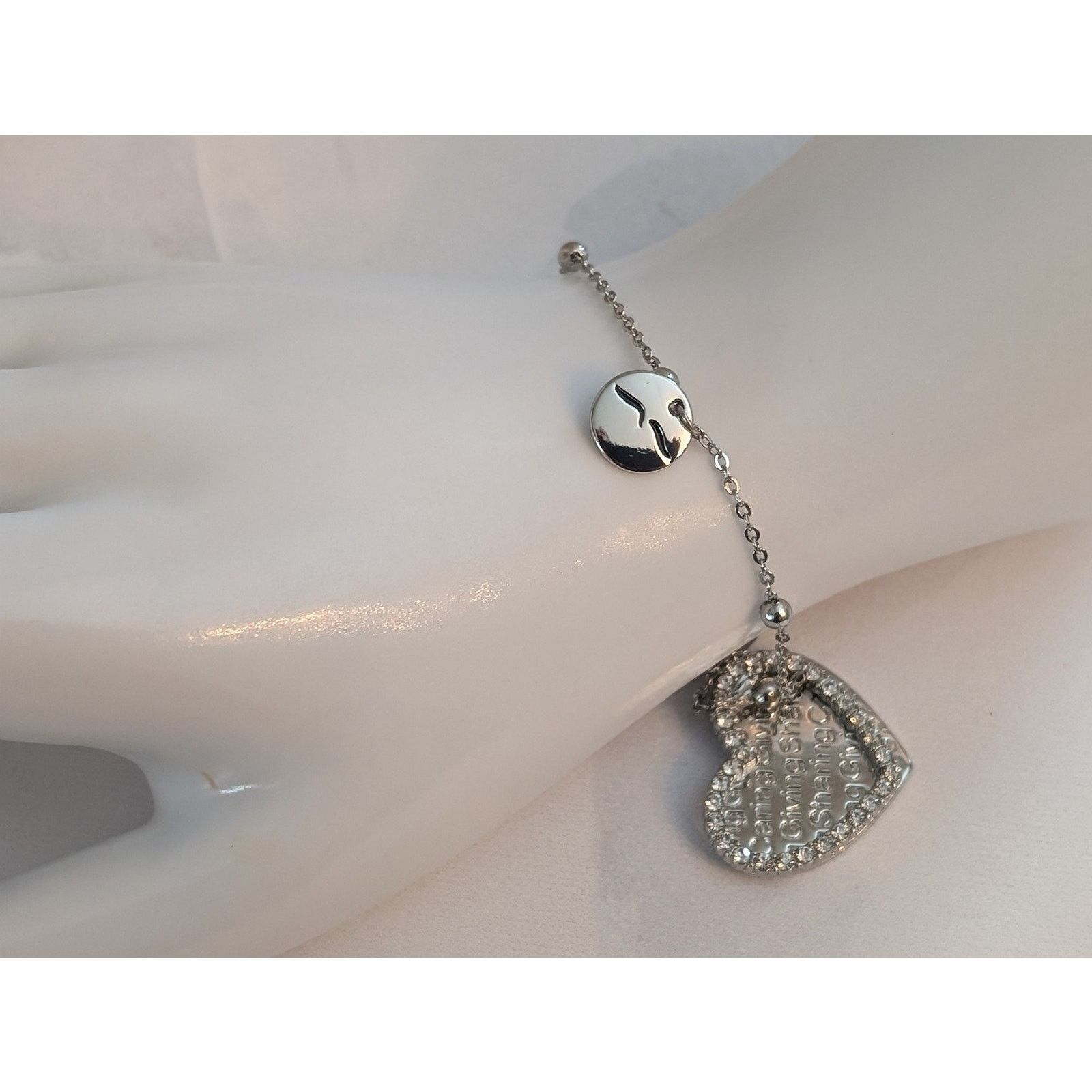 Vintage VTG Silver-Tone 7 1/2" Chain Rhinestone Heart Charm Bracelet Size ONE SIZE - 5 Thumbnail