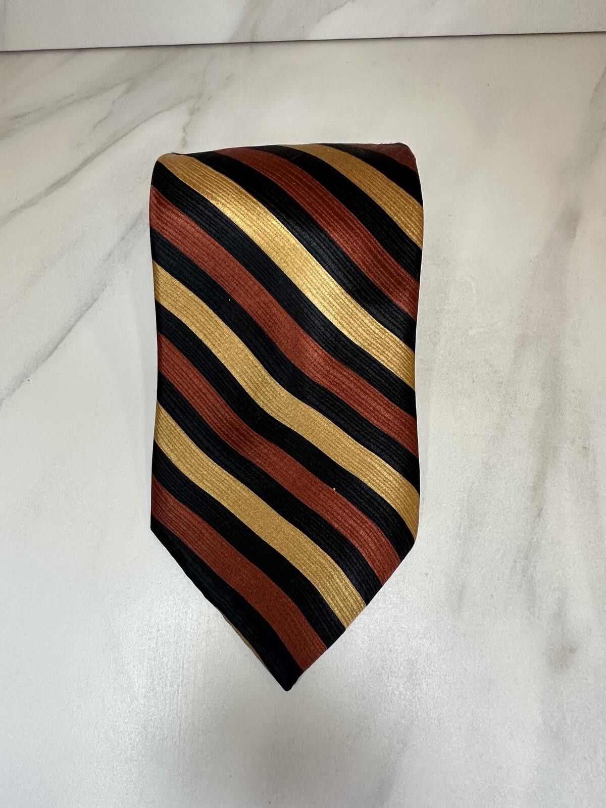 Other Renzo 100% silk tie gold/rust/black diagonal stripe Size ONE SIZE - 1 Thumbnail