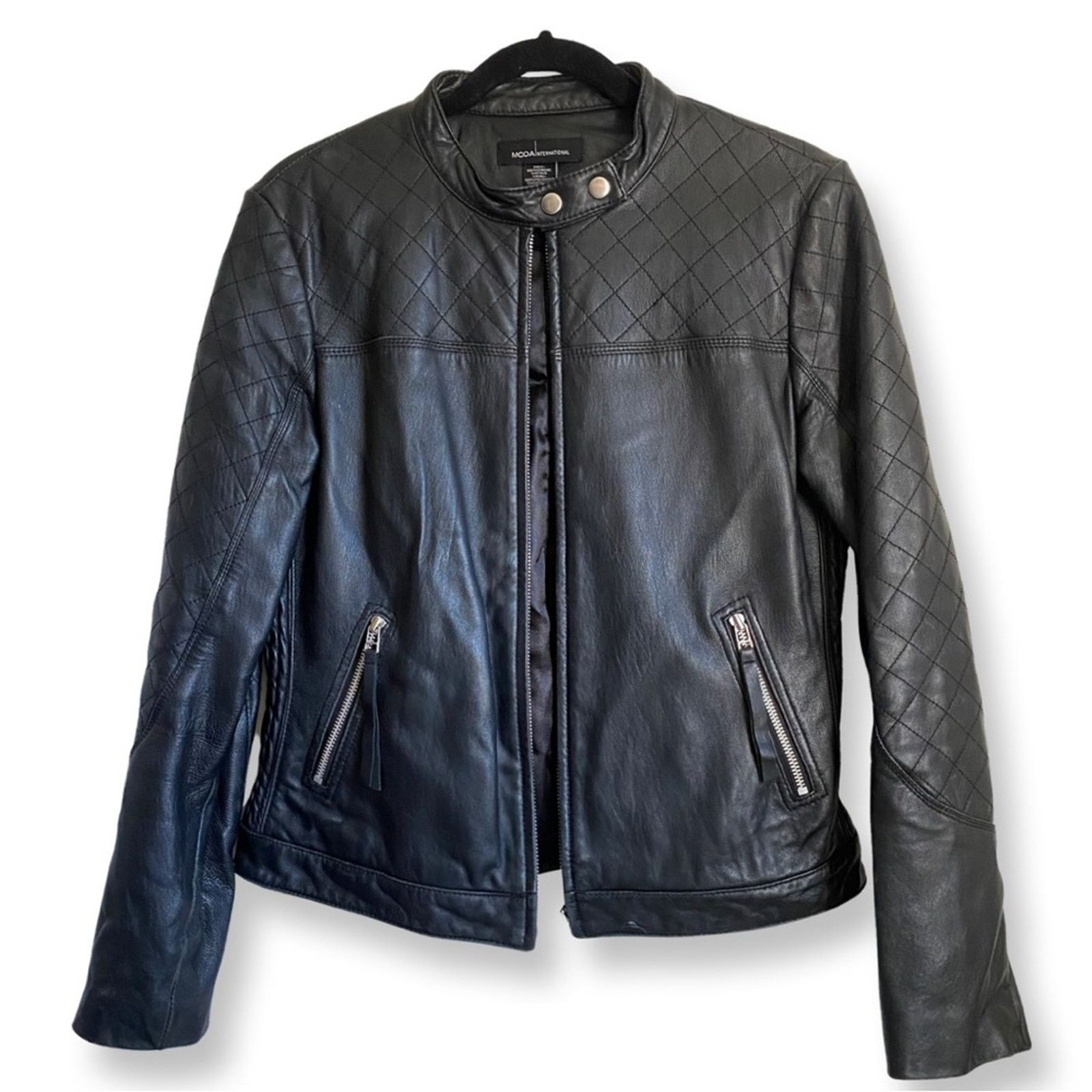 Other Vintage Moda International Black Leather Motorcycle Jacket Size L / US 10 / IT 46 - 1 Thumbnail