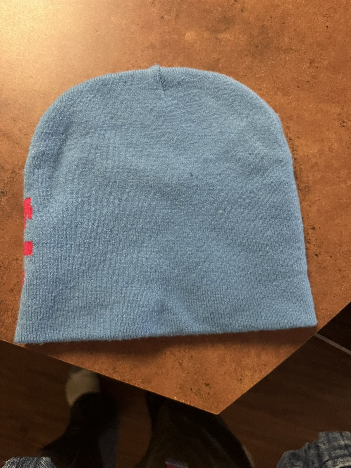 Vintage Y2K Sky Blue Beanie with Red Lettering Size ONE SIZE - 2 Thumbnail