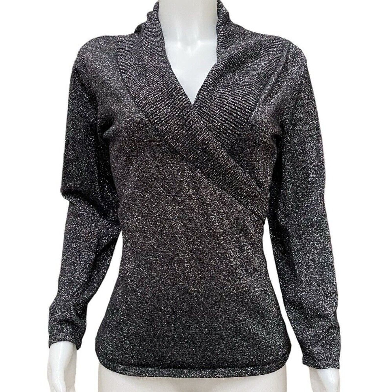 Other REBA - BLACK & SILVER METALLIC LONG SLEEVE WRAP SWEATER SZ L Size L / US 10 / IT 46 - 4 Thumbnail